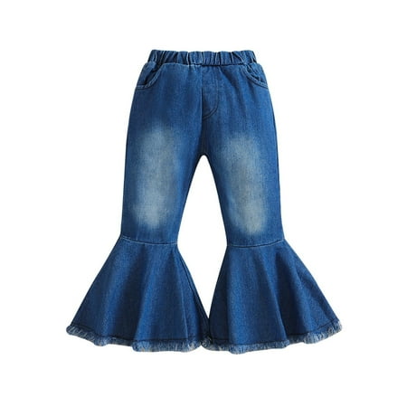 

Coerni Kids Casual Pants Toddler Baby Girl Flared Denim Pants Ruffled Wide Legs Ripped Jeans High Waist Bell Bottoms Casual Clothes Girls Pants with Pockets