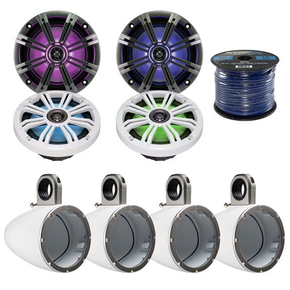 4x Kicker KM8 8-INCH Marine Coaxial Speakers, 4x Kicker KMTESW 8" Marine Speaker Enclosures (White), Enrock Audio Marine Grade Spool of 50 Foot 16-Gauge Speaker Wire