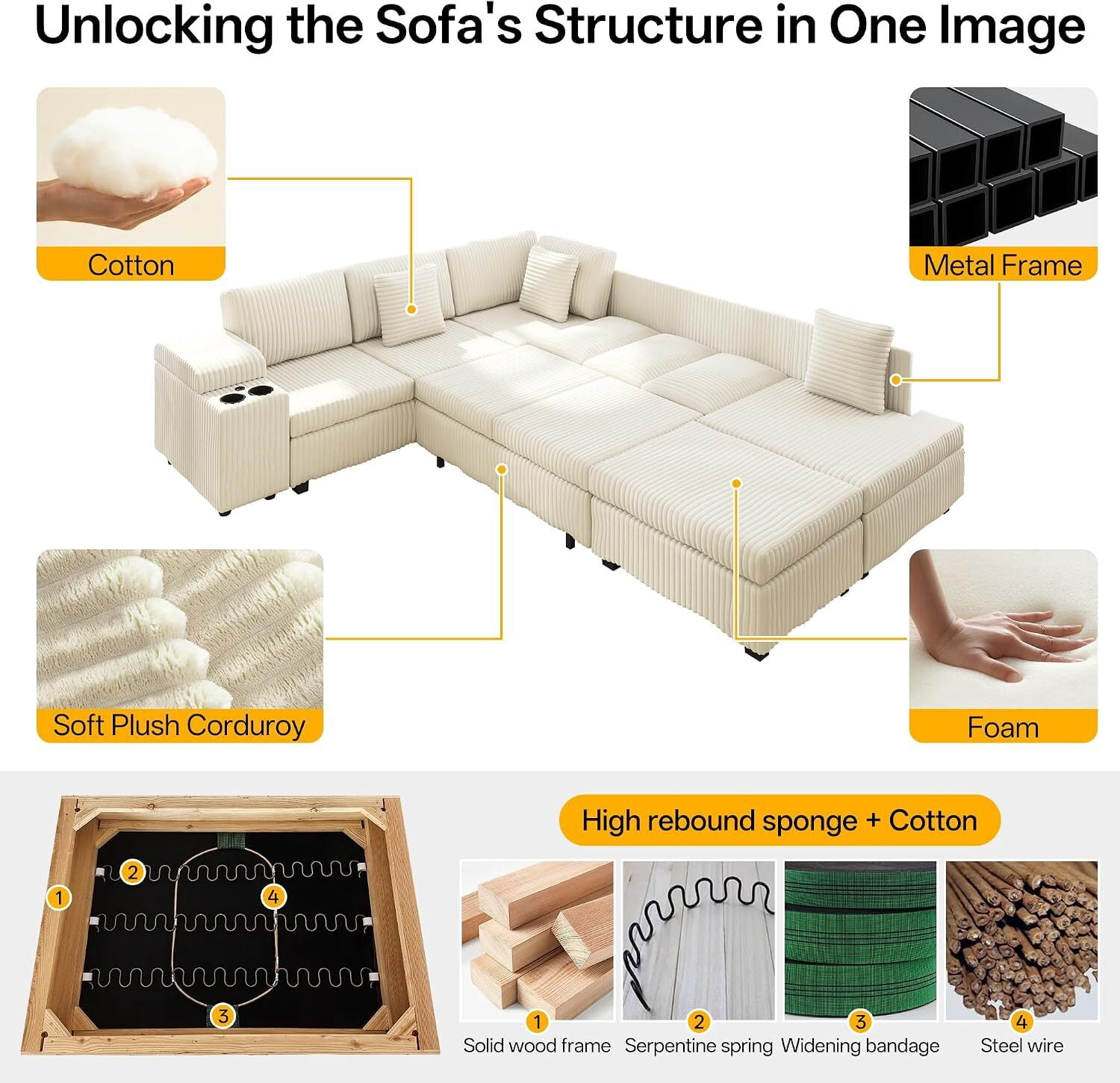 Sectional Sleeper Sofa with Pull Out Bed,110" L-Shaped Modular 6-Seater Cloud Sectional Couch,Convertible Corduroy Sofa for Living Room,Ottoman with USB Charging Ports & Cup Holders,Beige