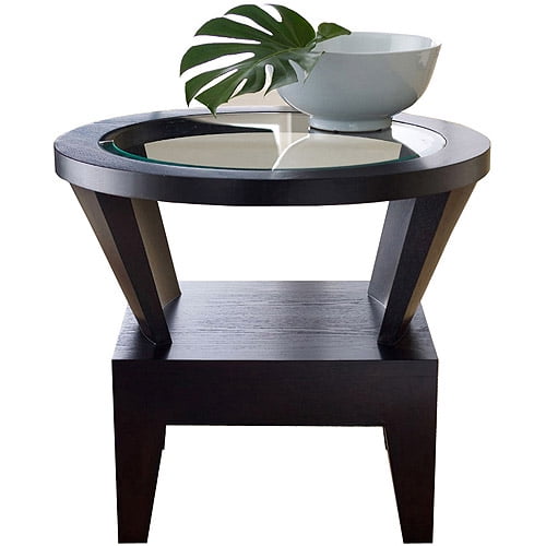 Abbyson Living Cruz Solid Wood Round Glass End Table, Espresso