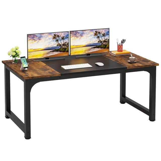 LITTLE TREE 63 Inch Large Executive Computer office desk, Brown+Black