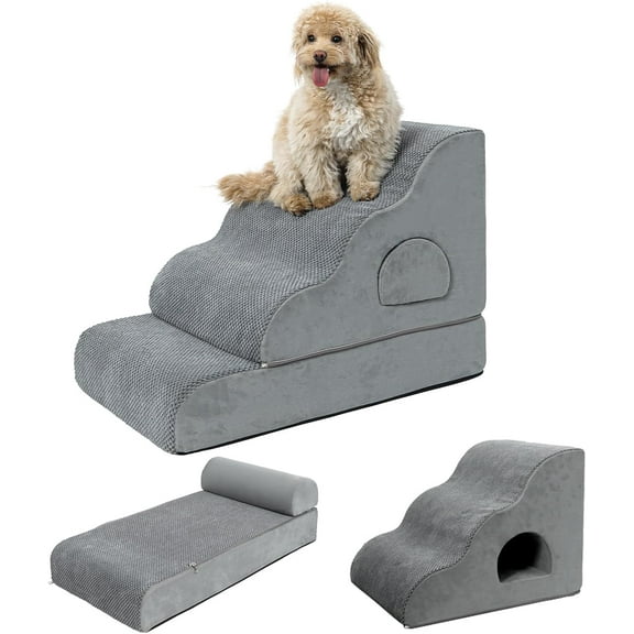 Dog Stairs for Small Dogs 19.7" H, 4-Step Dog Steps for High Bed, High-Density Foam Curved Pet Stairs with Non-Slip Removable Washable Cover to Get on Bed