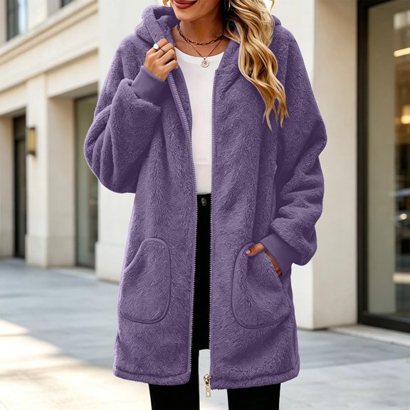 WIZUTIZ Women's Solid Color Long Sleeve Fleece Zip Up Hoodie Soft Plush Warm Winter Jacket Casual Loose Fit Cozy Outerwear with Pockets