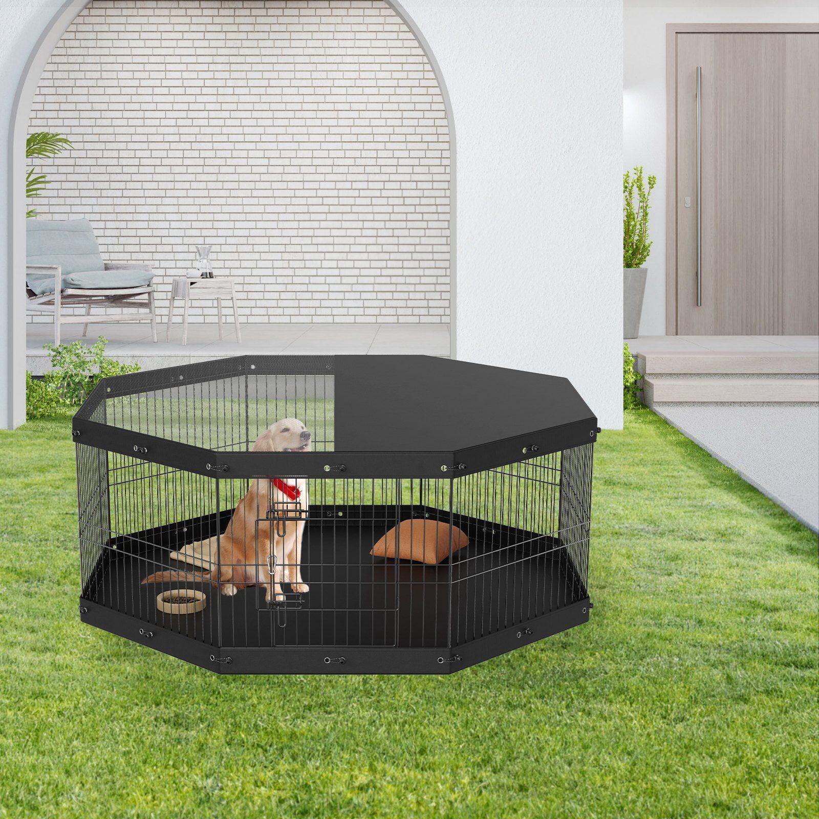 8-Panel Metal Dog Playpen with Top Cover and Bottom Pad, 24" Height Foldable Pet Fence for Small Medium Puppies, Indoor Outdoor Kennel for Camping, Yard, Apartment
