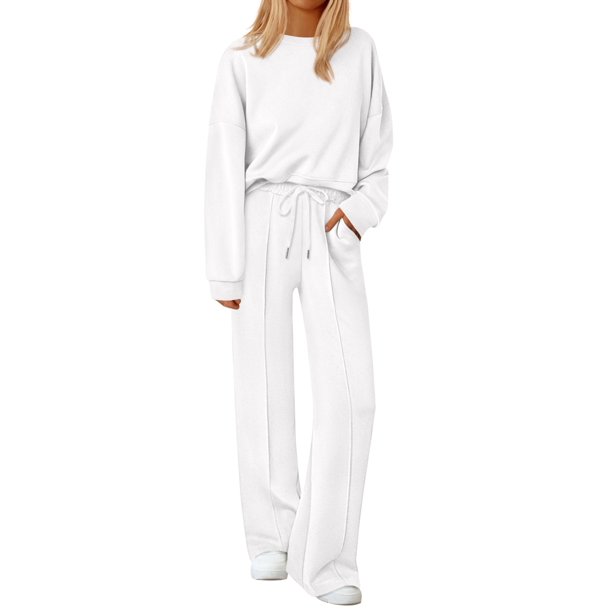 Conjunto Deportivo PRETTYGARDEN Sudadera y Pantalones Anchos Blanco M