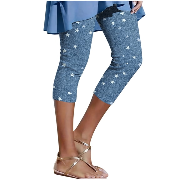 Leggings for Women Plus Size,Women's Faux Denim Capri Leggings High Waisted Yoga Pants Pull On Stretch Print Capris Casual Comfy Tights Skinny Jeggings
