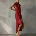thumbnail image 2 of Morttic Women's Fashion Stand-Up Collar Short Sleeve Maxi Dress – Solid Color Side Split & Pocket Sexy Casual Summer Outfit Red，S, 2 of 3