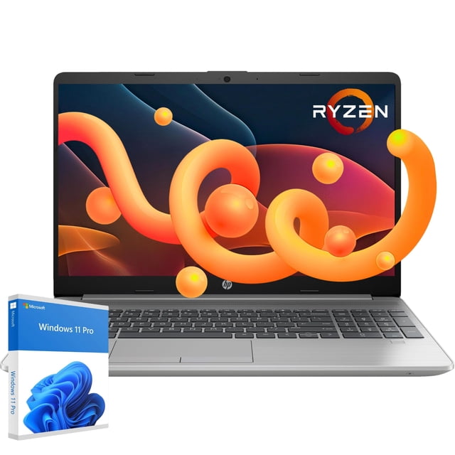 hp 255 15.6 inch g10 business-ready notebook pc • 32gb memory •1tb pcie sdd • amd ryzen 3 7330u • windows 11 pro • full hd display • amd radeon graphics(2024) Frente centrado de la laptop HP 255 G10 abierta, pantalla Full HD con fondo abstracto naranja y logo Ryzen en la esquina superior derecha, chasis plateado, teclado y touchpad visibles, cámara en el bisel superior y caja de Windows 11 Pro al frente; a menudo usada para trabajo móvil y gestión de documentos.