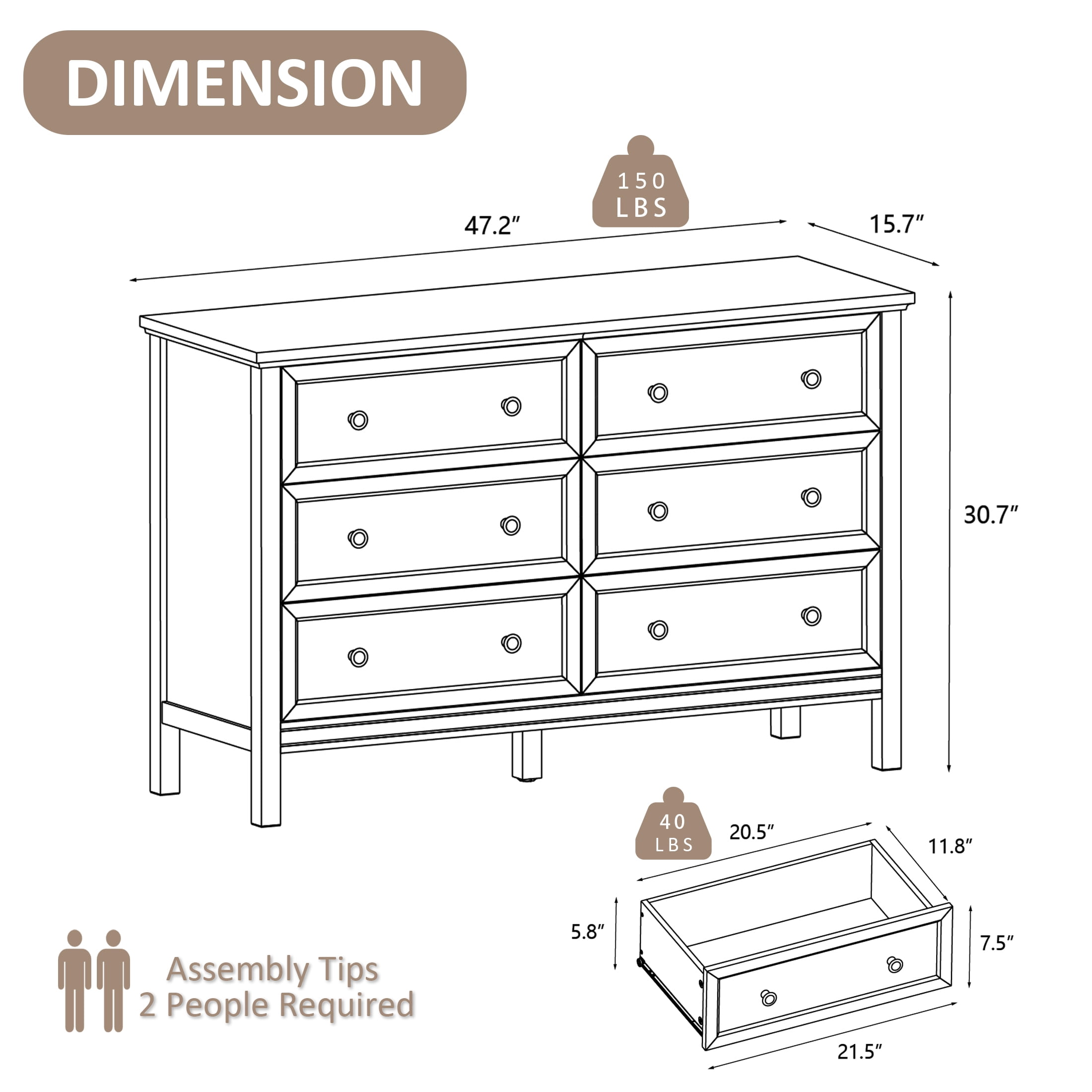 YouTrend Black Dresser with 6 Drawer for Bedroom,Traditional Adult Chest of Drawers with Golden Handles for Living Room,Hallway
