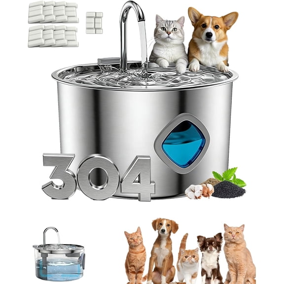 3.2L Stainless Steel Dog Water Fountain with 10 Filters, Quiet Pump Pet Bowl with Visible Water Level, Easy to Clean, for Dogs and Cats