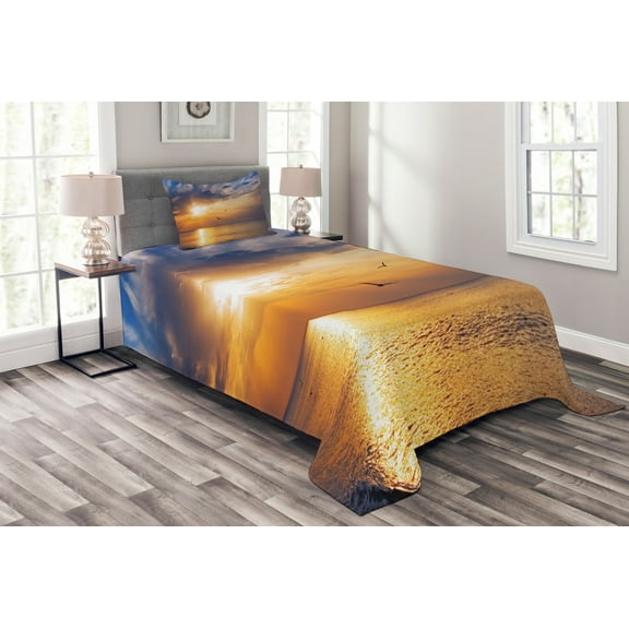 Ambesonne Nature Quilted Bedspread Set 2 Pcs, Early Morning Sunrise, Twin Size, Blue and Orange