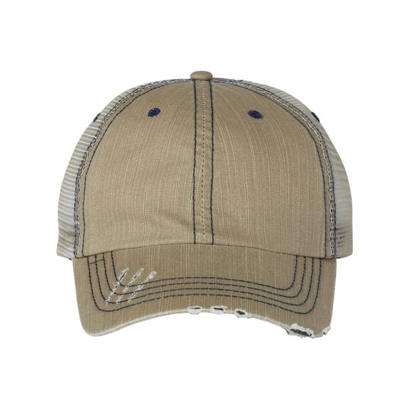 Mega Cap - Herringbone Trucker Cap - 6990 - Khaki/ Navy - Size: Adjustable