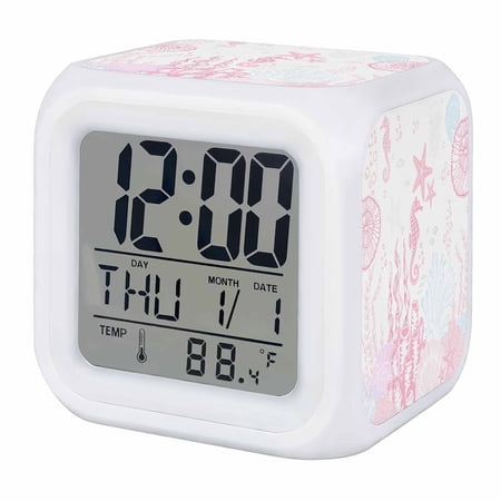 Alarm Clocks Pink Coral Digital Clock 7 Color LED Night Light Silent Non-Ticking Battery Operated Starfish Hippocampus Shell Cube Clocks Decorative for Bedroom Bedside Living Room Office School