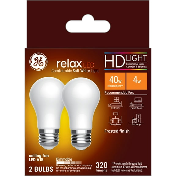 GE Relax HD LED Ceiling Fan Light Bulbs, 40 Watts, Soft White, A15 Bulbs, Medium Base, 2pk