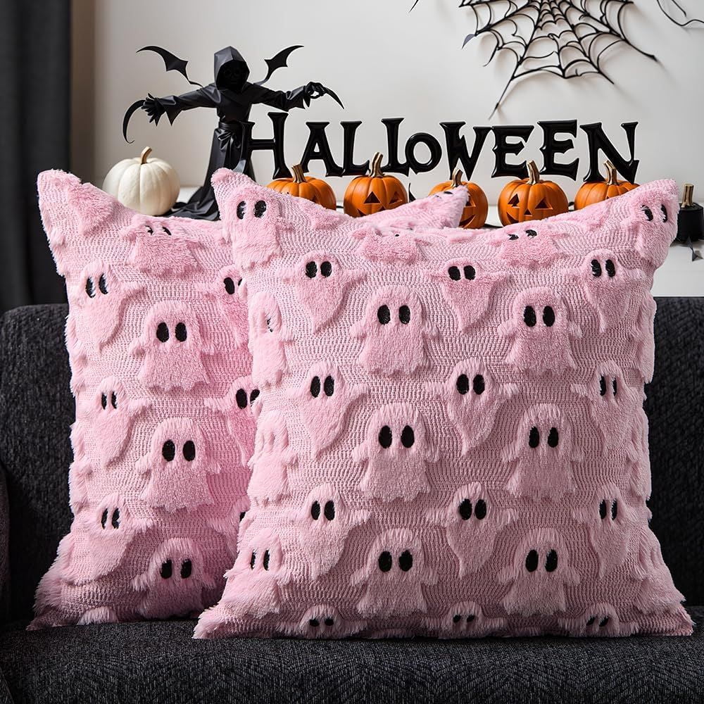 Set of 2 White Ghost Pillow Covers 16x16 Inch Happy Halloween Throw Pillow