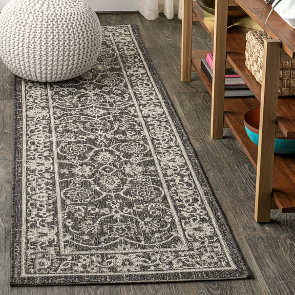JONATHAN Y SANTA MONICA 2 x 10 Runner Rug, Palazzo Vine and Border Textured Weave - Black/Gray, SMB103C-210