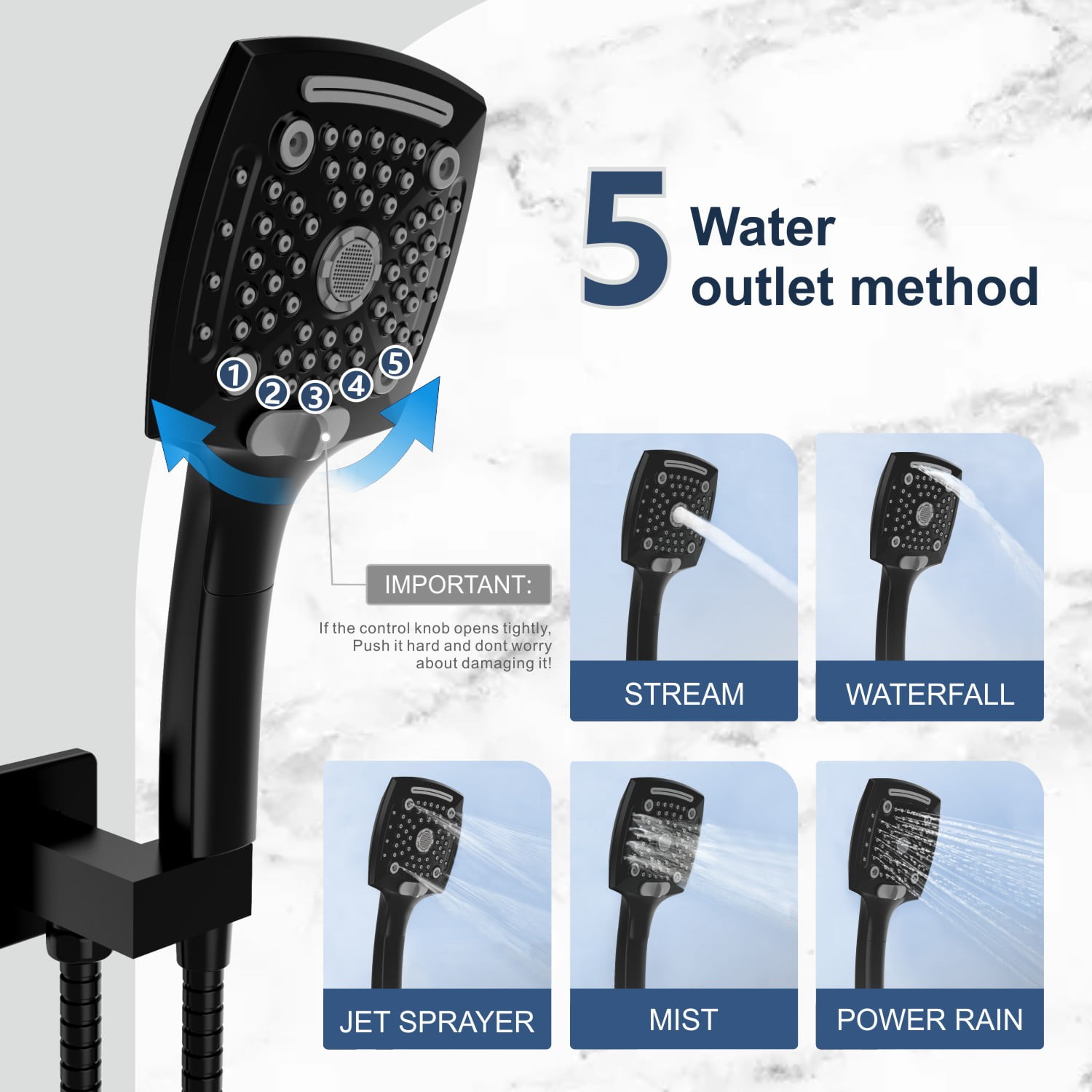 AUKTOPT Rainfall 5-Modes Spary 10 Inch Wall-Mount Showerhead Handheld Shower, Shower Head Combo with 60 Inch Hose, Extension Arm, Matte Black