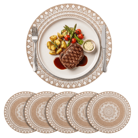 ROSEXIXI 6 Pack Round Placemats 15 Inch Bohemian Jute Table Mats Heat Resistant Mandala for Dining
