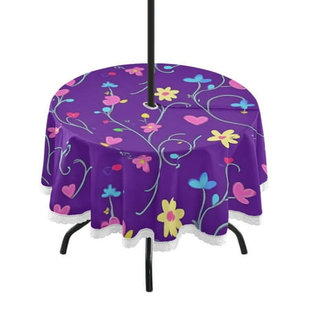 

60 Outdoor Round Tablecloth with Umbrella Hole & White Lace Trim Waterproof Patio Table Cover for Garden Kitchen Dining Small Pink Hearts