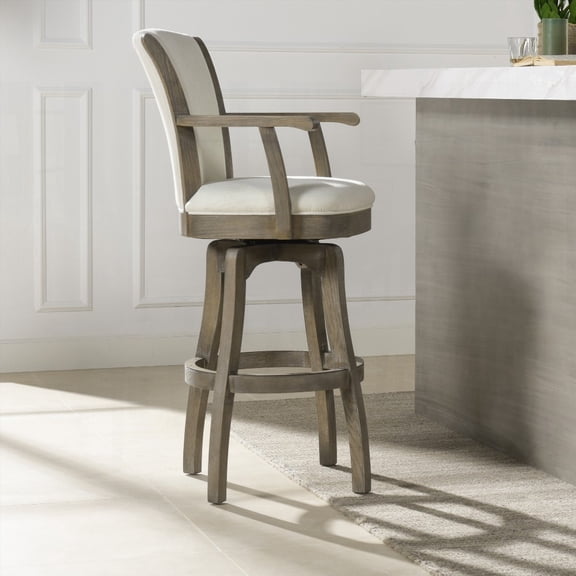 Williams 1-Piece Swivel Bar Stool - Solid Wood with Natural White Linen