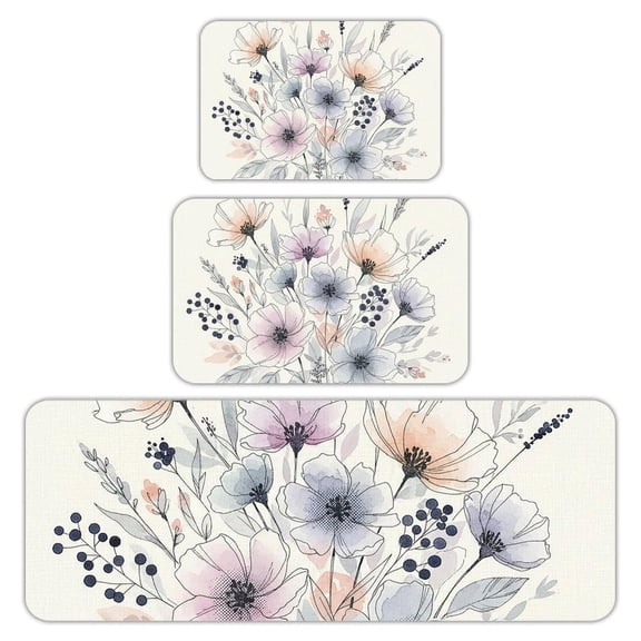 RKSupls Kitchen Rug Set 3 Piece Anti-Slip Flannel Floor Mats, Watercolor Floral Washable Absorbent Runner Mats for Kitchen Bathroom Home Decor