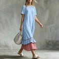 thumbnail image 5 of LEKWK Maxi Dresses for Women Color Block Short Sleeve Tiered Flowy Dress Ruffle Striped Hem A Line Sundress Summer Fashion Beach Vacation Outfits, 5 of 7