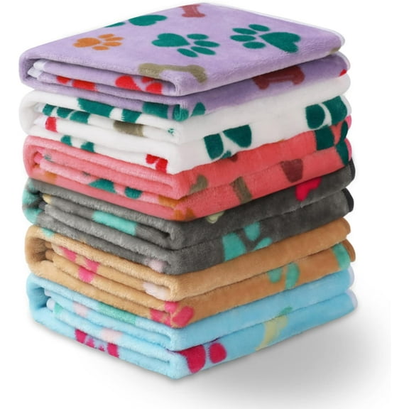 6 Pack Soft Fluffy Fleece Pet Blankets for Dogs and Cats - Small/Medium/Large Sizes, Paw Print Design, Machine Washable, Warm Lightweight Blanket for Indoor & Outdoor Use