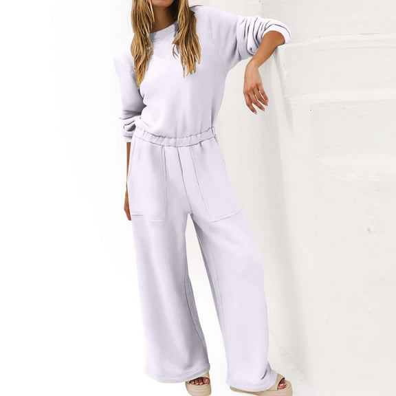 Sokhug Womens One-Tone Crew Neck Elastic Waist Pocketed Loose Jumpsuit Fall Winter Cozy Casual Romper