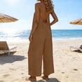 thumbnail image 3 of Bloomae Cotton Linen Backless Jumpsuits for Women One Piece Sleeveless Cami Jumpsuit Loose Fit Casual Back Tie Overalls Spaghetti Strap Wide Leg Rompers Coffee#01 XXXL, 3 of 7