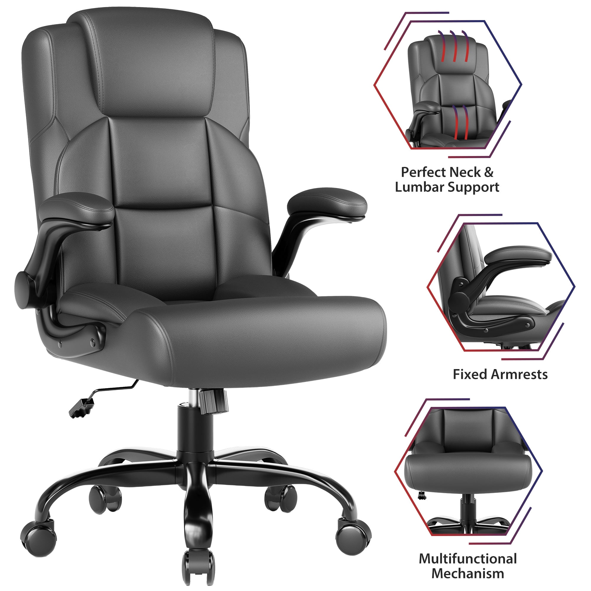 JONPONY Leather Office Chair, Big and Tall Office Chair 400LBS Wide Seat Ergonomic Computer Desk Chair High Back Executive Leather Chair Adjustable Task Chair Lumbar Back with 1-Year Warranty, Grey