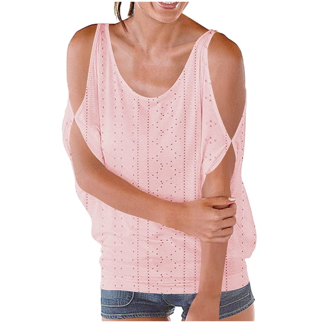 Timegard Womens Tops Cold Shoulder Eyelet Scoop Neck Short Sleeve Back Drawstring Casual Loose Tshirt