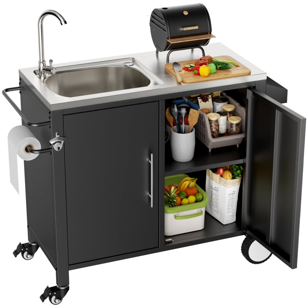 Outdoor Grill Cart Table with 304 Stainless Steel Sink, Mobile Kitchen Island Cart with Storage Cabinet and Lockable Wheels for Backyard Patio