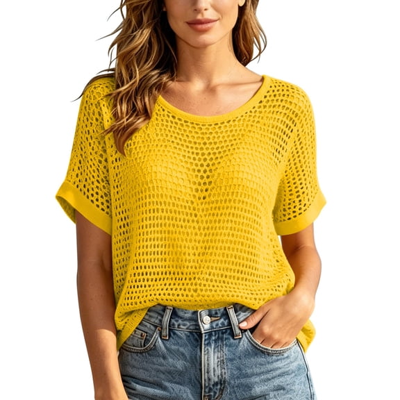vdgthytj Summer Tops for Women Short Sleeve Crew Neck Boho Crochet Knit Pullover Hollow out Casual Beach Vacation Tops