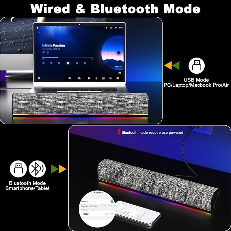 R100 Bluetooth Computer Speakers with Dynamic LED Light, USB Plug & Play PC Speakers with Switch Button, Clearly Sound Soundbar for Desktop Laptop Monitor(USB-C to USB Adapter Included)