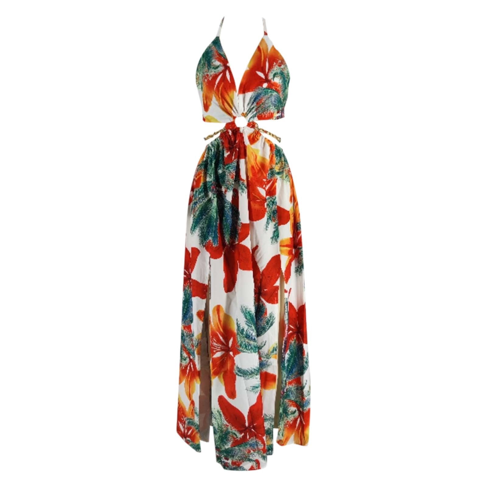 Jamsmile Womens Dress Summer Chic Halterneck Floral Print Spaghetti Strap Maxi Dresses Flowy Beach Party Slit Boho Sundress
