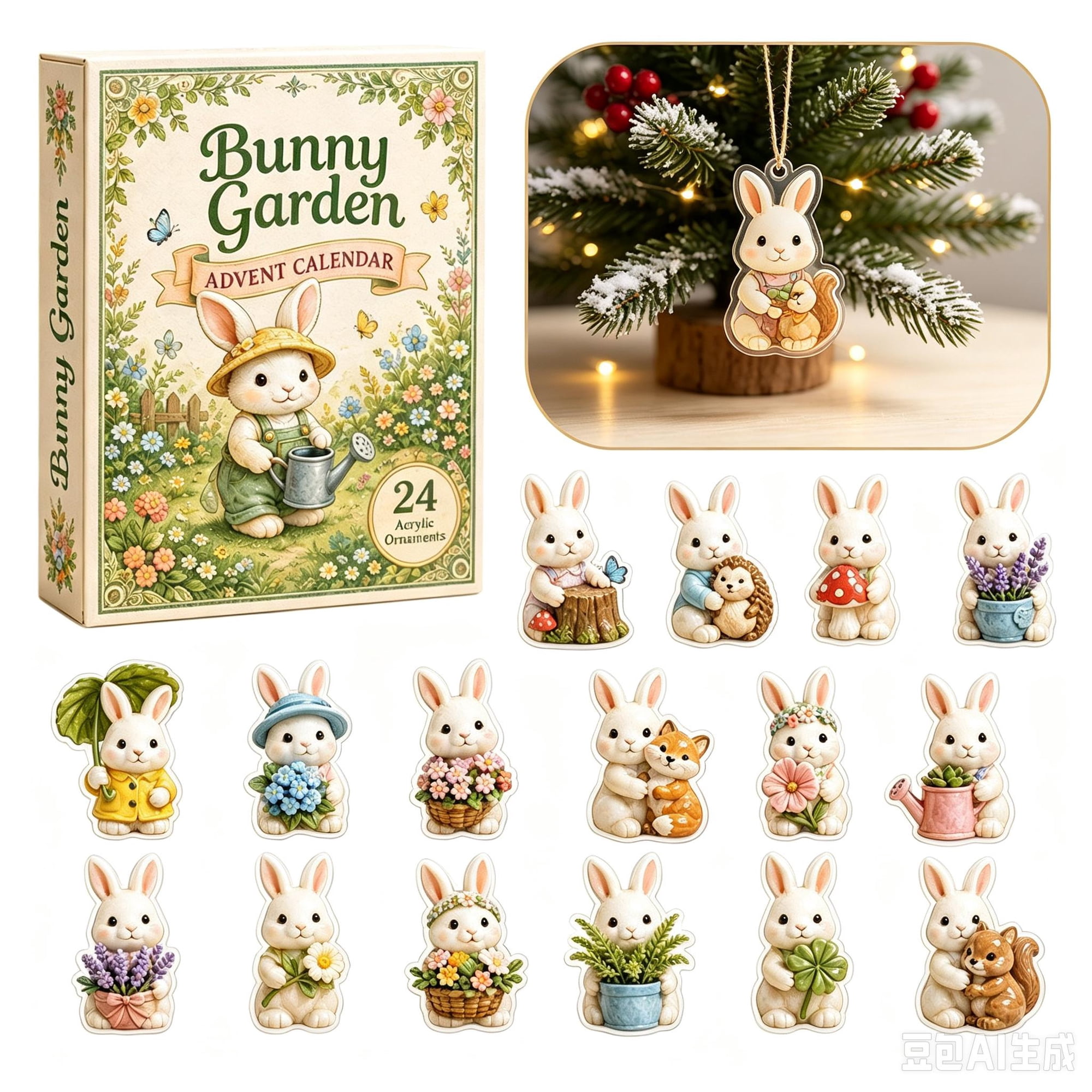 Bunny Garden Advent Calendar Xmas Countdown Surprise Box with 24 Pieces Garden Bunny Acrylic Ornaments Holiday Gift for Kids Teens and Adults
