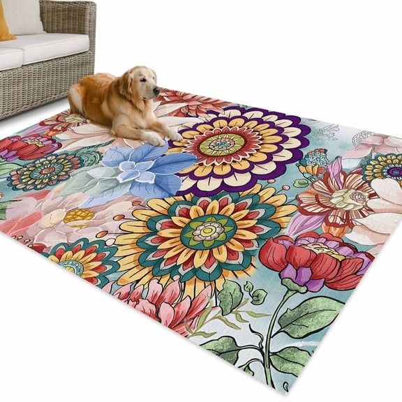 Outdoor Rug 5x7 ft Multicolor Boho Floral Waterproof Outdoor Patio Rug Mat Non Slip Outside Area Rugs Carpet for RV,Camping,Porch,Deck,Pool,Balconybackyard,Vintage Watercolor Flowers