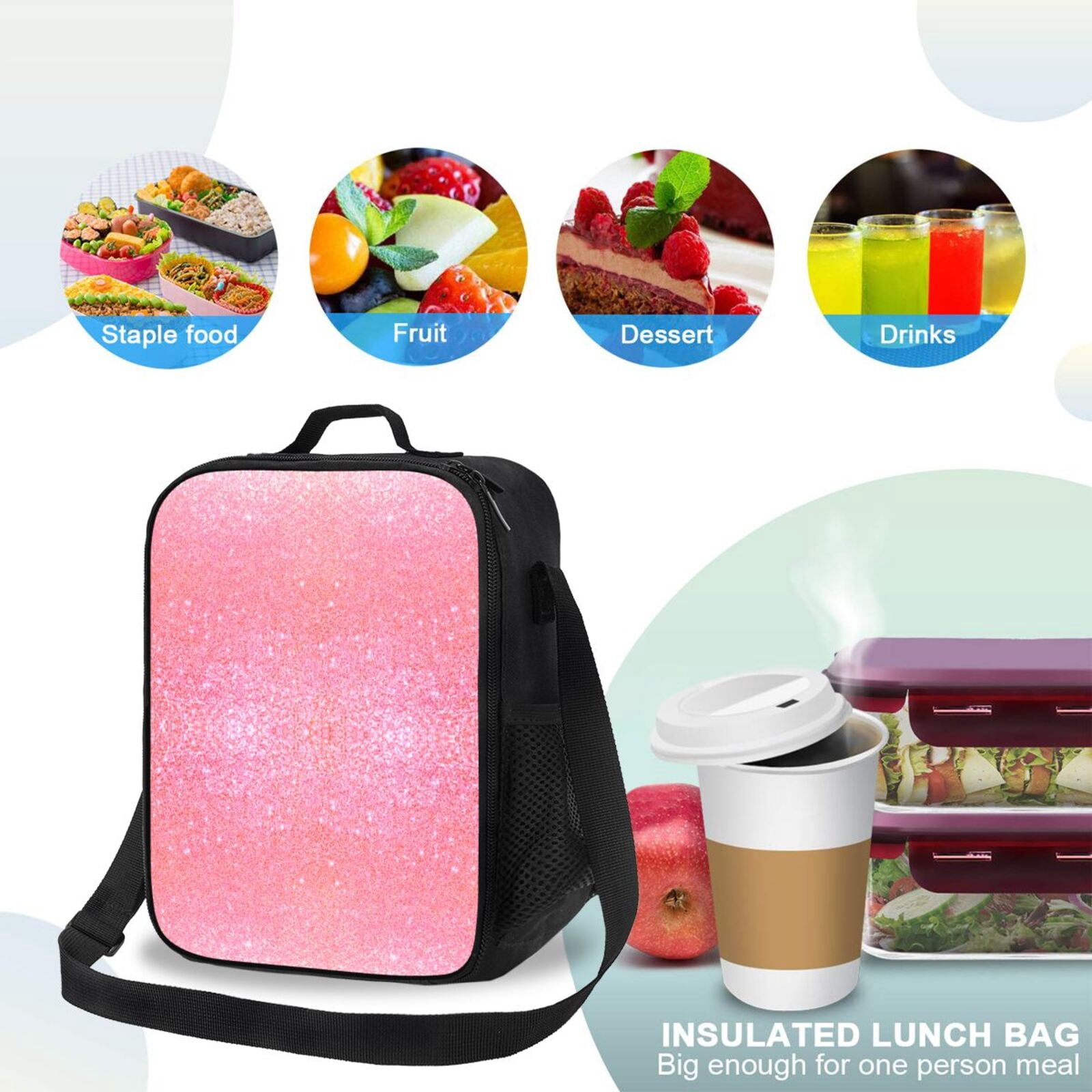 Rateoe Sparkly Pink Glitter Lunch Bag Reusable Lunch Box with Shoulder Straps for Men Women Insulated Portable Lunchbox for adults Suitable for School Work Picnic