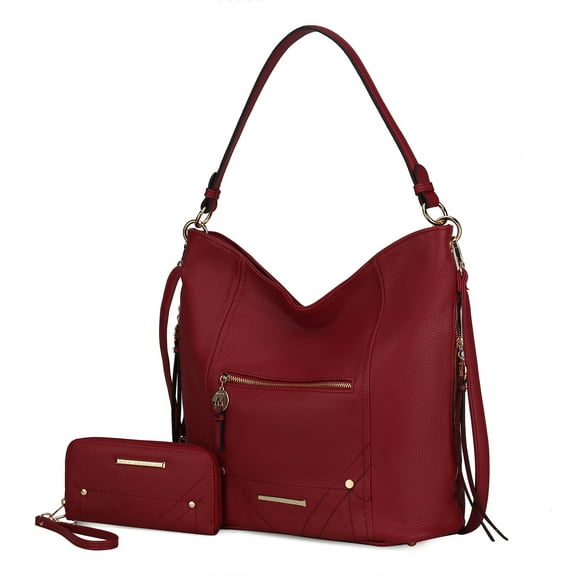 MKF Collection Jordina Vegan Leather Women's Shoulder Bag & Wristlet Wallet 2 pcs, Functional Purse Hobo Hanbag by Mia K - Wine