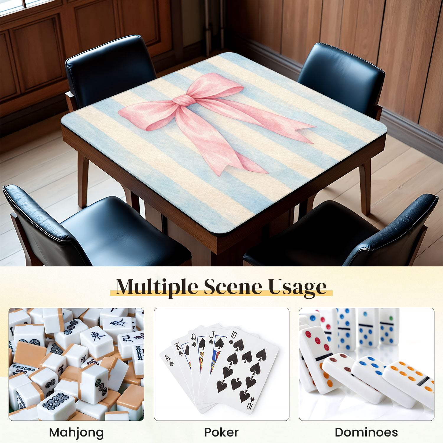 Mahjong Mat 31.5" x 31.5" Pink Bow Light Blue White Striped Soft Watercolor Style Non-Slip Noise Reduction Mahjong Tiles Table Cover for Dominoes Poker Card Board and Tile Games