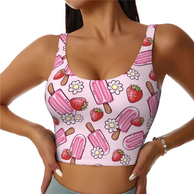Balery Strawberry Popsicle Sujetadores deportivos con espalda cruzada para mujer, acolchados, sin costuras, de alto impacto, ideales para yoga, gimnasio, entrenamiento y fitness.-X-Large