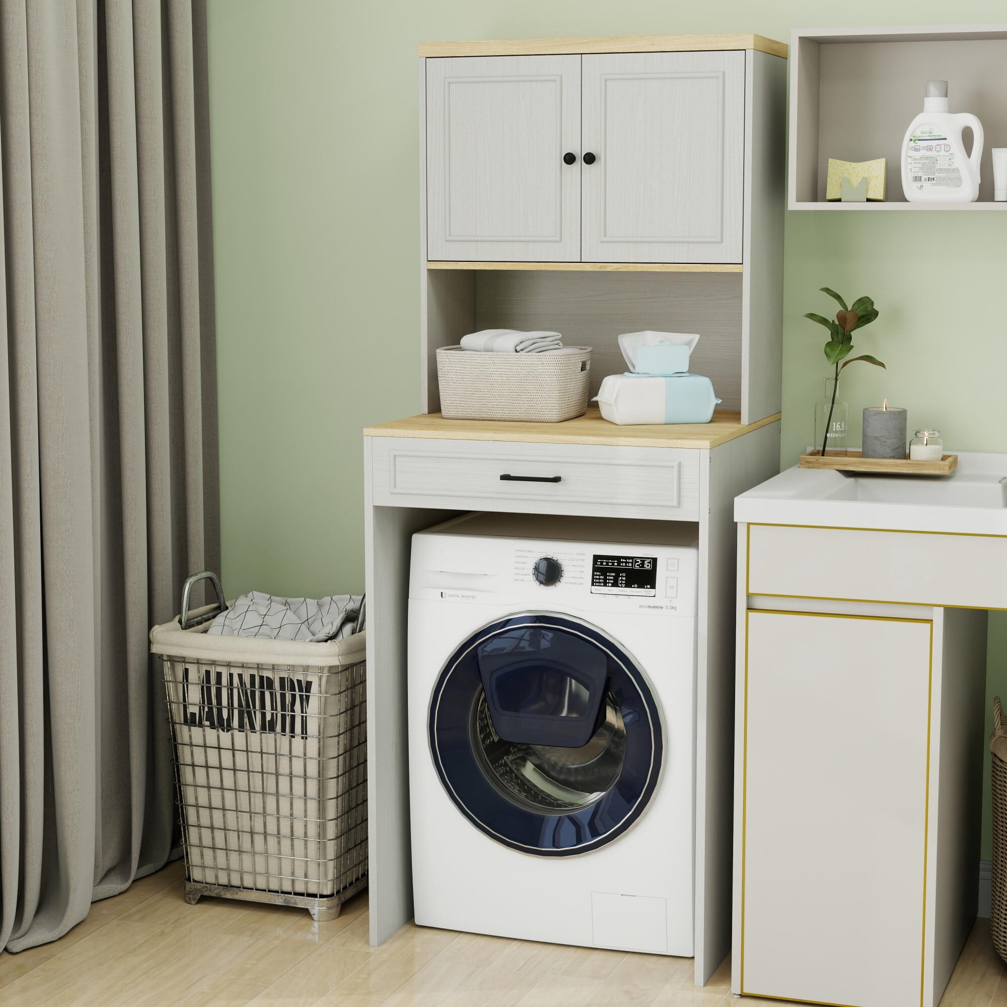 AENKYO Over-The-Washer Cabinet, Laundry Storage with Adjustable Shelf, Organizer for Compact Washers, Antique White