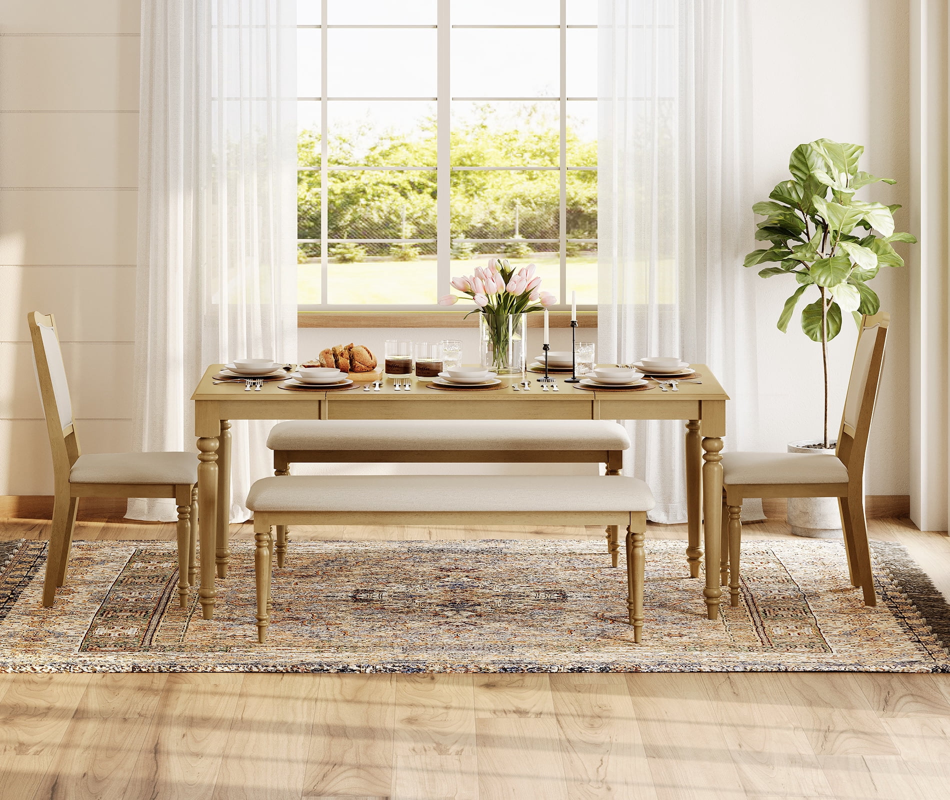 5 Piece Dining Table Set for 6-8 People - Includes One Dining Table, 2 Upholstered Benches, 2 Wood Dining Chairs, Rustic Dining Set for Kitchen, Oak