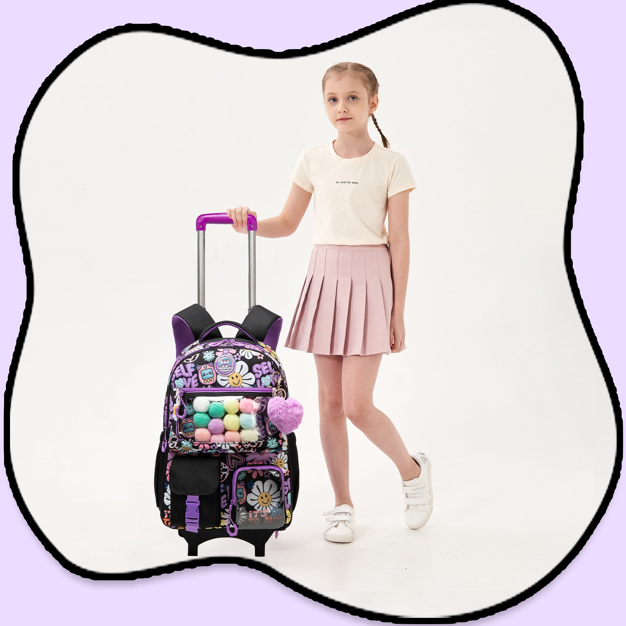 Rolling Backpack for Girls with Wheels School Bookbag with Lunch Box Pencil Case for Elementary Students Carry on Luggage Ages 8-10