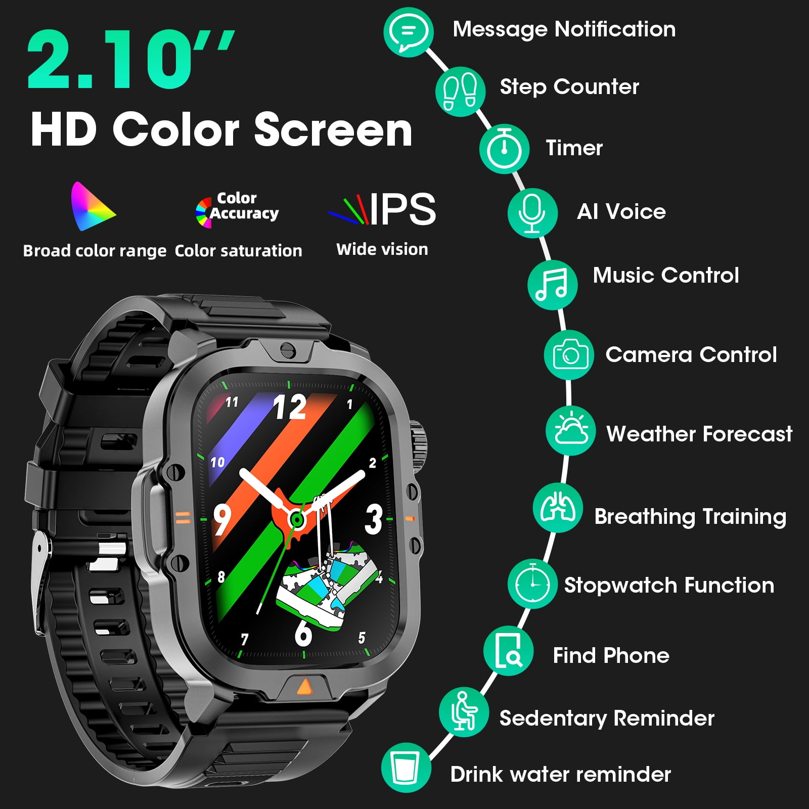 Mingwear 2.01-inch Military Smartwatch for Men with Fitness Tracker, Answer/Make Calls/100+ Sport Modes, IP68 Waterproof, Hiking Travel Pedometer Watch compatible with Android IPhone Devices (Black)