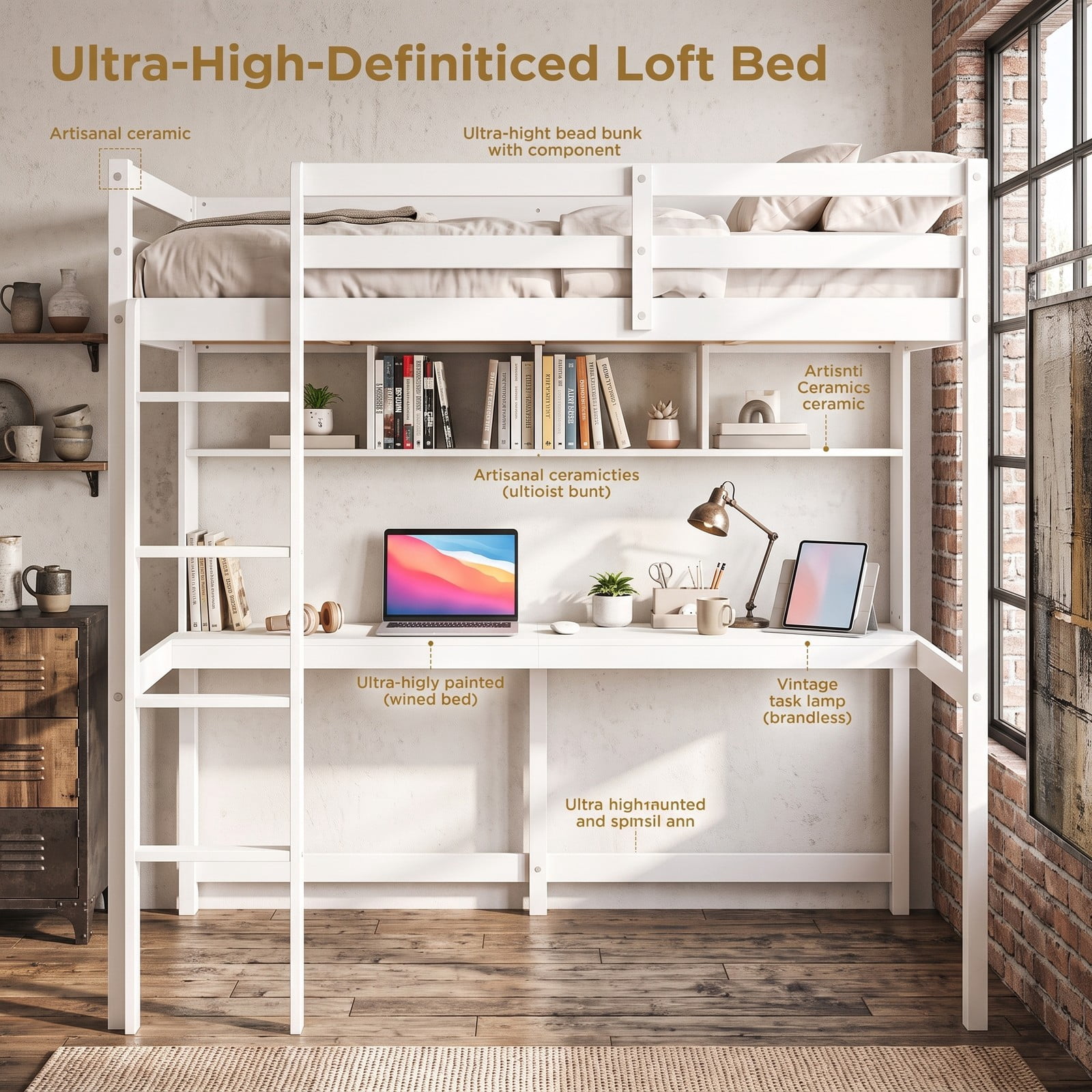 Furnibear Twin Size Loft Bed with Desk and Shelves for Home Dorm Apartment, Space-Saving Wood High Loft Bed with Ladder, No Box Spring Needed, White
