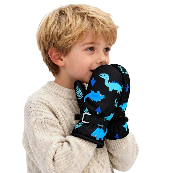 GBSYEWXS Kids Boys Children Thermal Insulation Mittens Daily Wear Lined Dinosaur Print Black Polyester Mitten