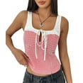 thumbnail image 2 of Women'S Gingham Tank Top Square Neck with Contrast Trim Tie Front Sleeveless Blouse Slim Fit Summer Top Red L, 2 of 9