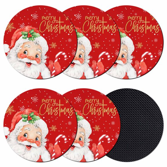 Red Santa Christmas Coasters Set of 6, Absorbent Coasters for Drinks, Xmas Snowflake Coaster for Desk Coffee Table Protection, Home Decor House Warming Gifts 4"