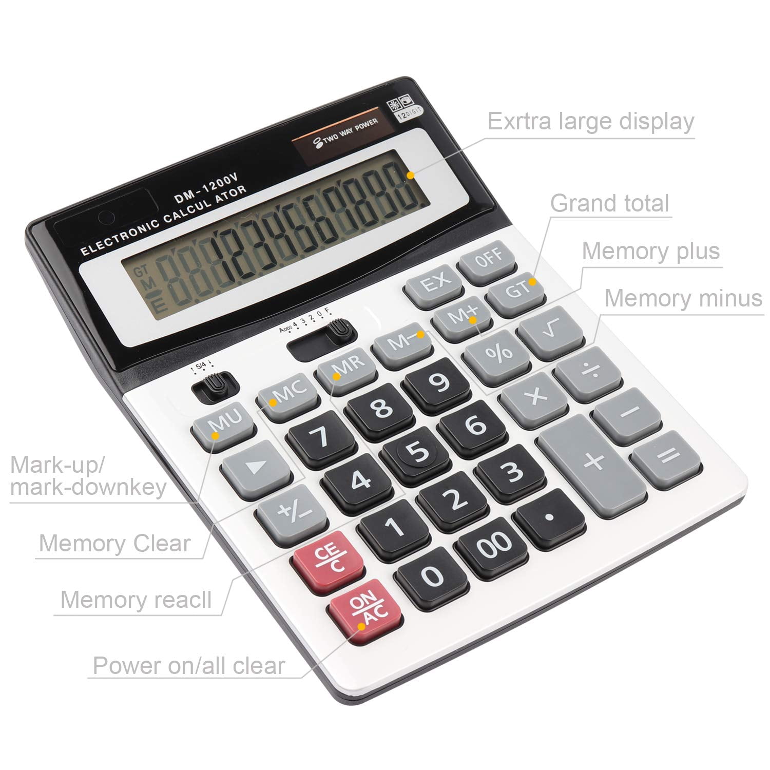 Large 12 Digit Electronic Calculator with Solar & Battery Power, Big Buttons, Multi-Functional for Business, Office, and School (1 Piece)
